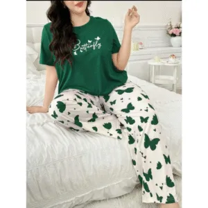 2 Pcs Dark Green Butterfly Printed Shirt & Trouser PJs