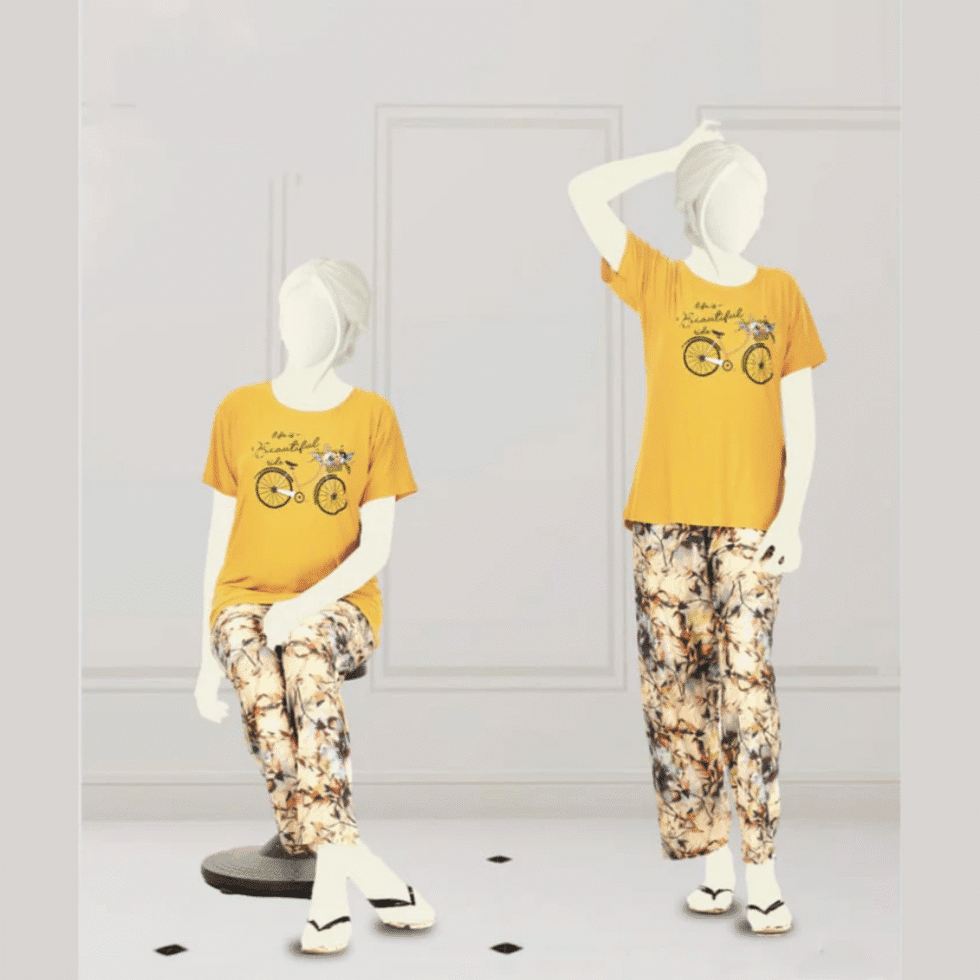 Women’s Yellow Night Dress – Stylish T-Shirt & Printed Pajama Set In Pakistan