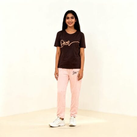 Dior Printed Brown T-Shirt with Pink Trouser Set for Women in pakistan