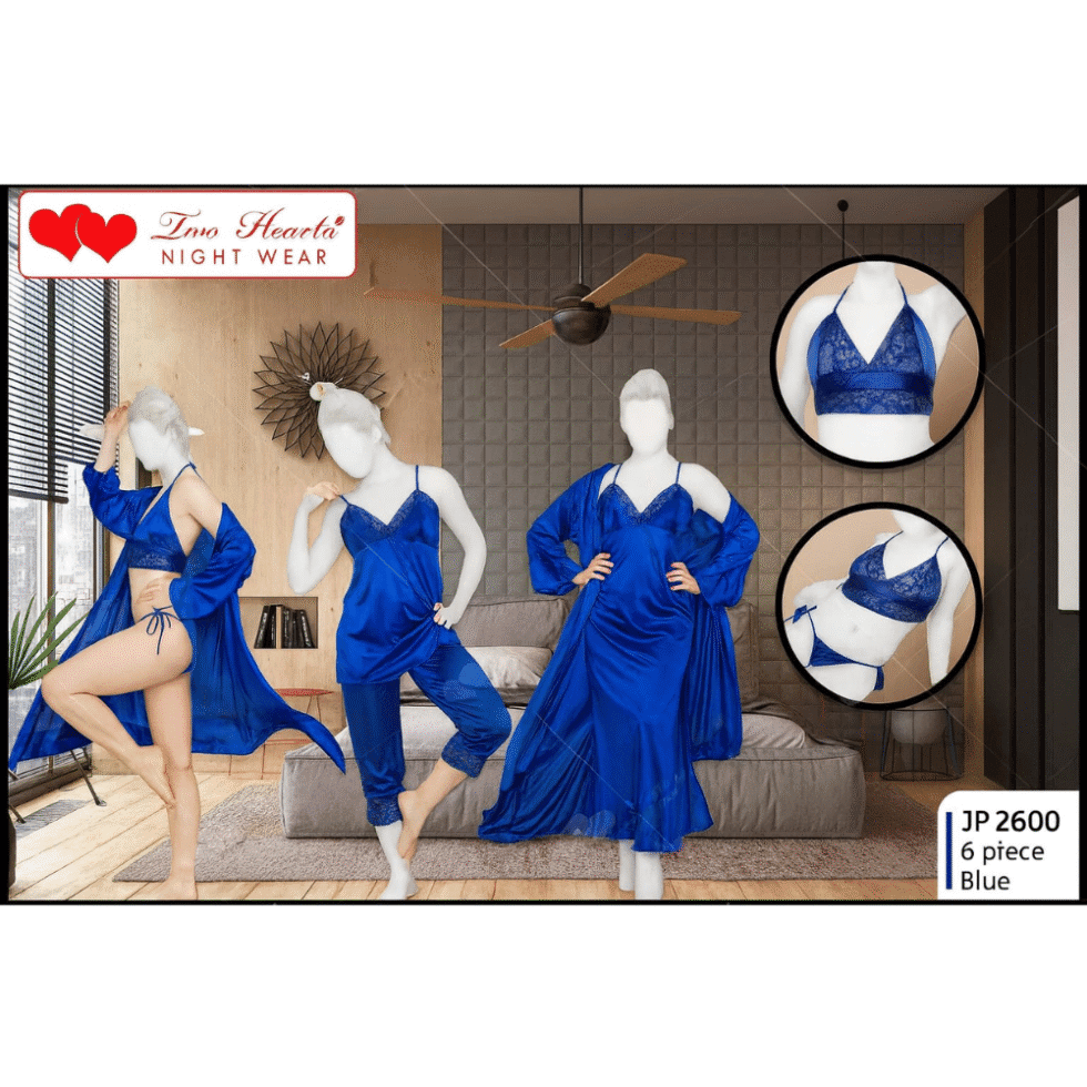 6 Pcs Blue Premium Set for Women - Lingerie Robe & Pajama In Pakistan