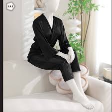 Black Silk Night Suit for Women – 2 Piece Satin Nightwear Set with Robe & Trouser