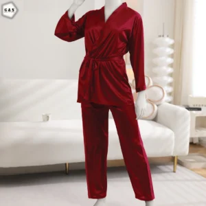 Maroon Silk Night Suit for Women – 2 Piece Satin Nightwear Set with Robe & Trouser