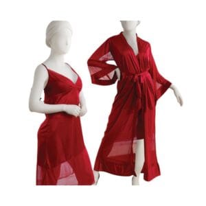 2 Piece Maroon Silk Nighty with Long Net Gown Set