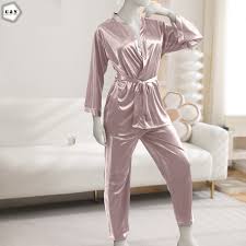 Pink Silk Night Suit for Women – 2 Piece Satin Nightwear Set with Robe & Trouser