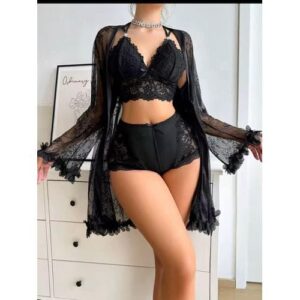 Women Black Floral Lace Nightwear Set Luxury Sleepwear