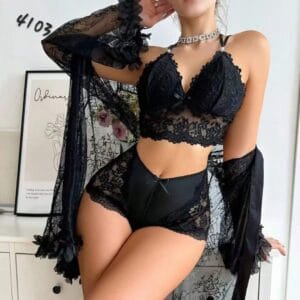 Black Floral Lace Nightwear Set