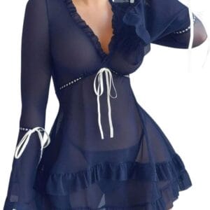 Navy Blue Mesh Babydoll Lingerie Set