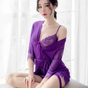 3 Pc Romantic Purple Lace Robe Nighty Set for Women